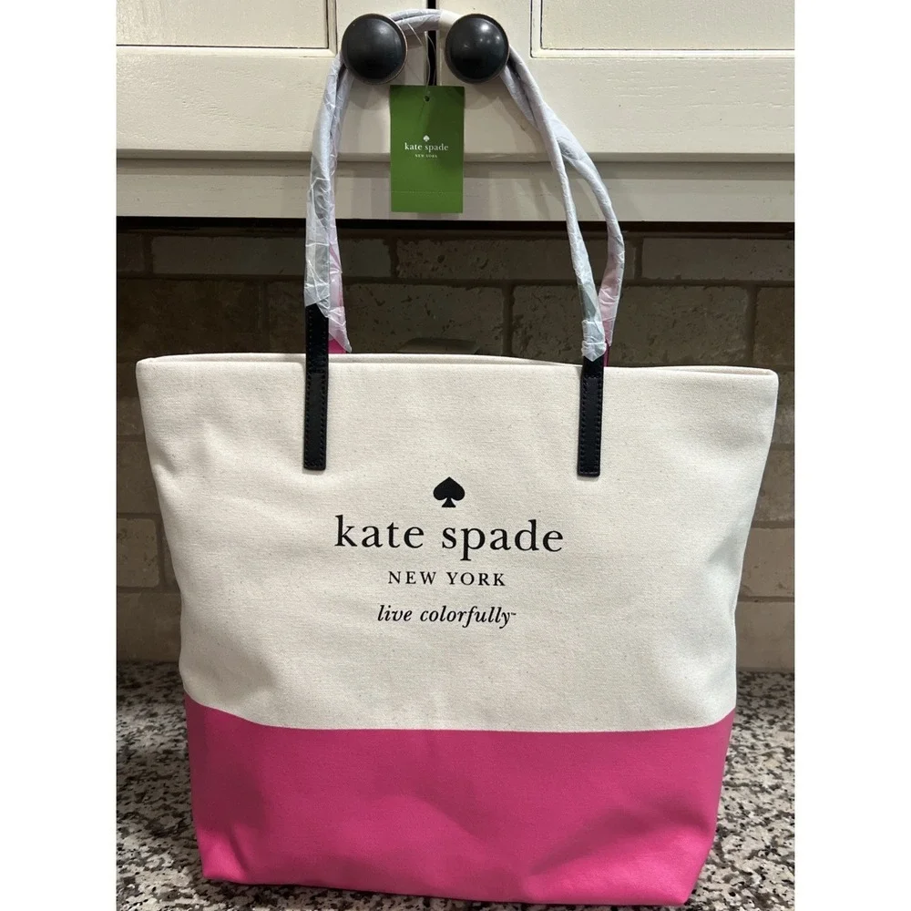 NEW Kate Spade BASIN VIEW Bon Shopper LOGO Tote Bag CANVAS Leather Purse Pink - Picture 8 of 11